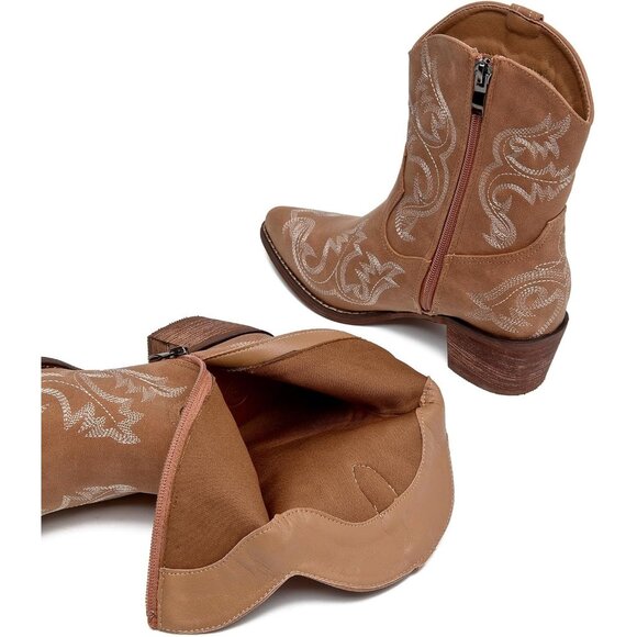 ⚡Women's Brown Embroidered Square Toe Western Cowgirl Boots Chunky Heel Pull On - Picture 6 of 7